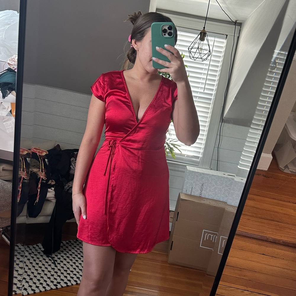 Princess Polly Red Satin Wrap dress